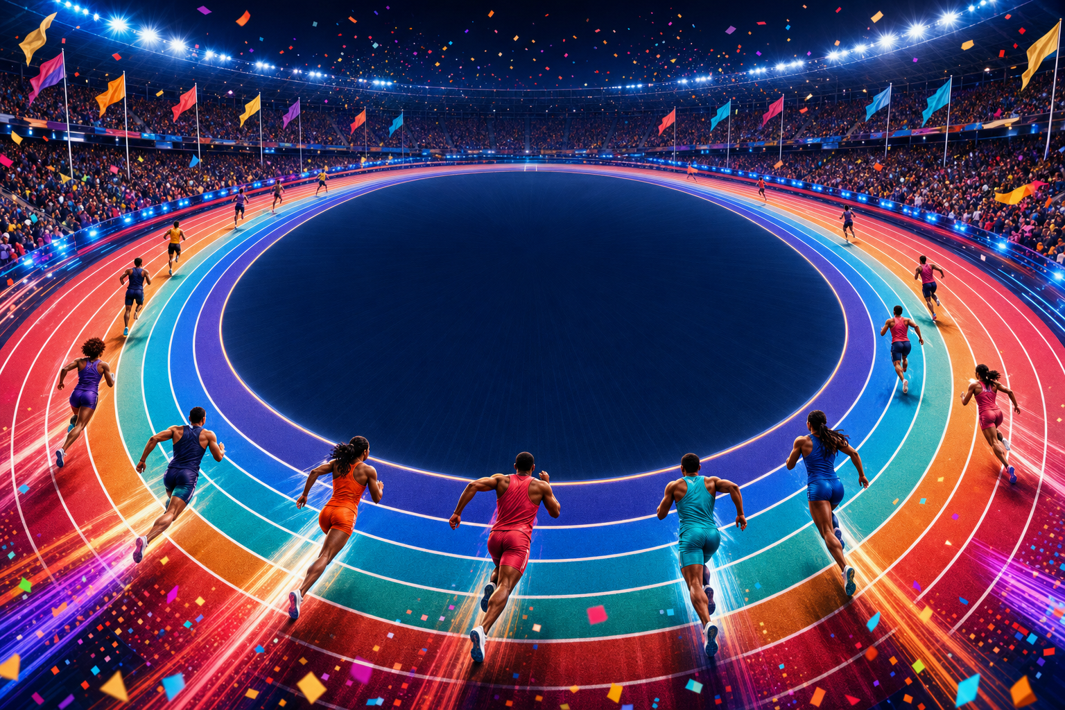 Runners racing around a brilliantly illuminated multicolored stadium track
