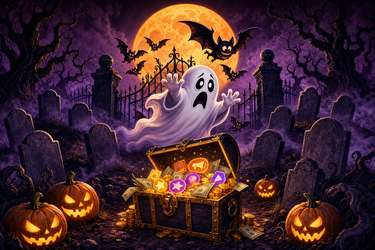 Visit the Haunted Referral Contest at 123Hits.surf, illustrated by a ghost and prize-filled treasure chest in a moonlit Halloween graveyard.